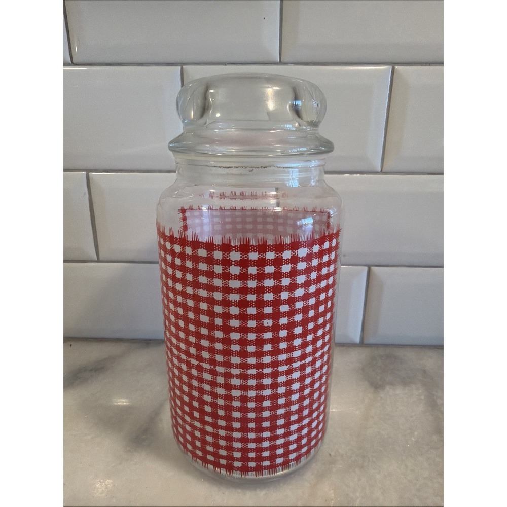 Vintage Anchor Hocking Red GINGHAM PLAID Glass Jar Canister w/Lid 8.5in GW992